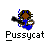Pixelated character with brown hair and blue eyes holds a black guitar, wearing a blue shirt against a gray background with 'Pussycat' text below.
