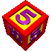 red cubes with yellow faces displaying purple '5' numerals, each cube rotated to show multiple sides against a gray background