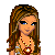 Pixel art contact sheet showing multiple views of a cartoon female character with long brown hair, wearing a gold necklace and holding a golden handbag across different frames.