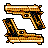 Two pixelated golden handguns with black accents, one upright and one inverted, on a solid gray background.