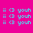 Pixelated cyan text and symbols on a bright pink background with green rectangular overlays in different positions.
