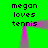 Green background with repeated text 'megan loves tennis' in black pixelated font, two vertical pink lines with gray gradients, and a horizontal pink line connecting them at the top.