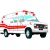 Two side-by-side pixelated ambulance icons with red and white color scheme, blue lights on roof, black wheels, and visible headlights.