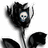 Black flower with skull center, two leafy stems on white background; orange text 'i love halloween' appears below the flower in later frames.