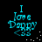 Cyan pixelated text "I Love Dappy" with two question marks on black background, surrounded by scattered white dots.