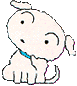 Two side-by-side cartoon dog icons with light pink bodies, blue collars, and small black eyes; left icon shows the dog looking right while the right icon shows it touching its nose.