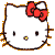Four pixelated Hello Kitty head icons arranged in a 2x2 contact sheet with varying eye expressions and one frame showing an ear accessory, all featuring red bows on white cat faces against gray background.