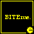 Four identical yellow pixelated frames with black backgrounds display "BITEme." text and a Pac-Man-like icon, each frame showing a slightly different icon position.
