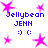 Pixelated icon with blue text "Jellybean JENN" and smiley face, surrounded by pink star shapes on white background.