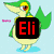 Pixelated character with green wings and yellow body holding black square with red text "Eli" on light blue background.