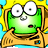 Pixelated green cartoon character with large white eyes and a small red mouth held by brown hands against a yellow background.