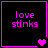 Four identical black squares with pink borders display "love stinks" text and varying heart symbols across frames.