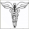 A medical-themed icon set featuring a caduceus, brain, surgeon, stethoscope, and emergency symbol in pixelated style.