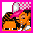 Pixelated image of two orange-skinned figures with dark hair, one wearing a pink checkered headscarf and white earpiece, positioned against a bright pink border.