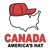 Red baseball cap sits atop a gray outline of Canada's map with 'CANADA' in red block letters below and partial black text underneath.