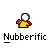 _Nubberific_ is a pixel-art character with white head, yellow body, red hands; appears in multiple poses including raised arms and crossed arms on gray background.