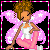 Pixel art contact sheet showing two frames of an animated angel doll icon with pink starry wings, white top, and pink pants against a black background with pink border.