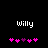Pixelated text 'willy' in white on black background with pink and purple heart symbols below, two variations of symbol arrangement visible.