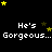Black background with yellow and brown stars scattered around, repeated text 'He's Gorgeous... Gorg', and a gray square in the bottom right corner.