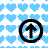 A static icon featuring a black circular border with an upward-pointing arrow inside, set against a background of light blue heart shapes on white.