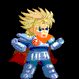 Pixel art character with spiky blonde hair in multiple poses: standing, flying, punching, and holding a blue staff-like weapon.