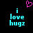 Pixelated cyan text 'i love hugs' on black background with pink heart symbol above, two identical static frames shown side-by-side.