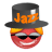 Three animated frames of a cartoon character with red face, yellow hair, black sunglasses, and black top hat displaying 'Jazz' in different colors on the hat against gray background.