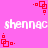 Pixelated pink background with red square patterns and white text reading "shennac" repeated twice horizontally.