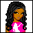 A pixel art buddy icon featuring a woman with long dark hair and a pink top on the left, next to a pink heart shape containing repeated "shop" text on the right.