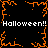 Black background with orange pixelated border and central starburst, white text repeating "Halloween!! Halloween!!" at top and bottom.