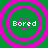 Four identical circular icons with green backgrounds and pink concentric rings, each displaying the word "Bored" in white pixelated text.