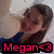 Pixelated image of a person with dark hair and beard wearing blue clothing, overlaid with red text reading "Megan<3" on black background.