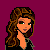 Pixelated cartoon doll with brown wavy hair and orange skin, wearing beige pants with red shoes and a black top, against a solid purple background.