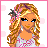 Pixel art of a blonde woman with curly hair, flower accessory, and pink outfit; repeated text 'blonde is beautiful' in varying color schemes.