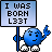 Pixelated blue cartoon character holding a sign with text on a gray background.