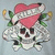 A pixelated skull with crossed bones, a pink heart-shaped hat, and green leaf accents on light blue background.