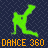 Green silhouette of a person dancing in multiple poses against dark blue background with orange text reading DANCE 360 NCE 360 and 360.