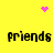 Yellow background with four 'friends' text blocks and three pink pixelated symbols: a heart, starburst, and dot cluster.