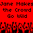 Red background with black pixelated text repeating 'Jane Makes the Crowd Go Wild' and a of red-and-black pixelated figures below