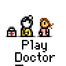 A 4x4 contact sheet of pixel art frames showing a cartoon doctor and patient interacting with changing speech bubbles, medical bag, and character poses across 15 sampled animation frames.