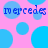 Pixelated blue text 'mercedes' appears on light blue circles against a pink background with scattered blue shapes.