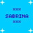 Blue background with white star shapes; two identical pixelated text blocks reading SABRINA in dark blue, each surrounded by three XXX symbols.