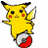 Pixelated yellow Pokémon character with red cheeks and black-tipped ears stands on a red-and-white Poké Ball, arms raised against white background; text elements appear below and to the right.