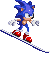 Pixelated blue hedgehog character on gray background, shown in multiple snowboarding poses with red shoes and white gloves.