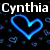 Animated icon with blue neon heart, black background with small hearts, and text 'Cynthia' at top left.