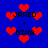 Blue background with red pixelated hearts and repeated text 'JARED + NINA' in black block letters.