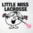 A cartoon character with a round head, black eyes, and a wide smile holds a pink lacrosse stick, with text above reading LITTLE MISS LACROSSE.