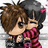 Two pixelated anime-style characters embrace, one with brown hair and the other with dark gray hair holding a pink flower.