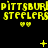 Yellow pixelated text repeats 'PITTSBURG STEELERS' across three on a black background with small heart and star symbols below each