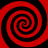 Four red and black spiral patterns arranged in a on a solid red background